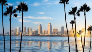 Downtown North Bay Area skyline in California, USA at sunset