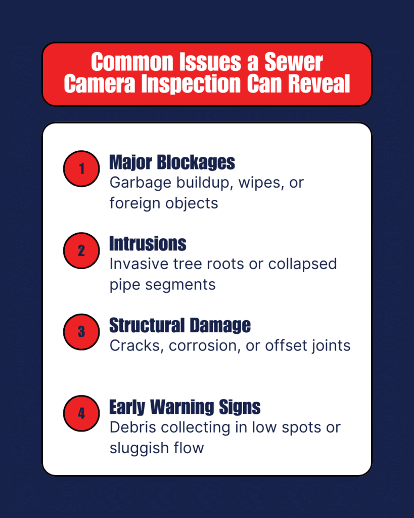 graphic explaining 4 ways issues can be detected with a sewer camera 